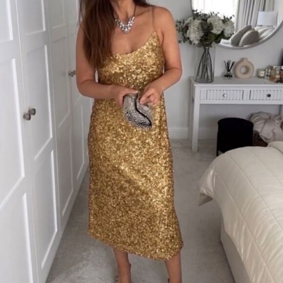 ZARA GOLD SEQUIN KNIT SLIP DRESS bloggers favorite - Picture 7 of 16